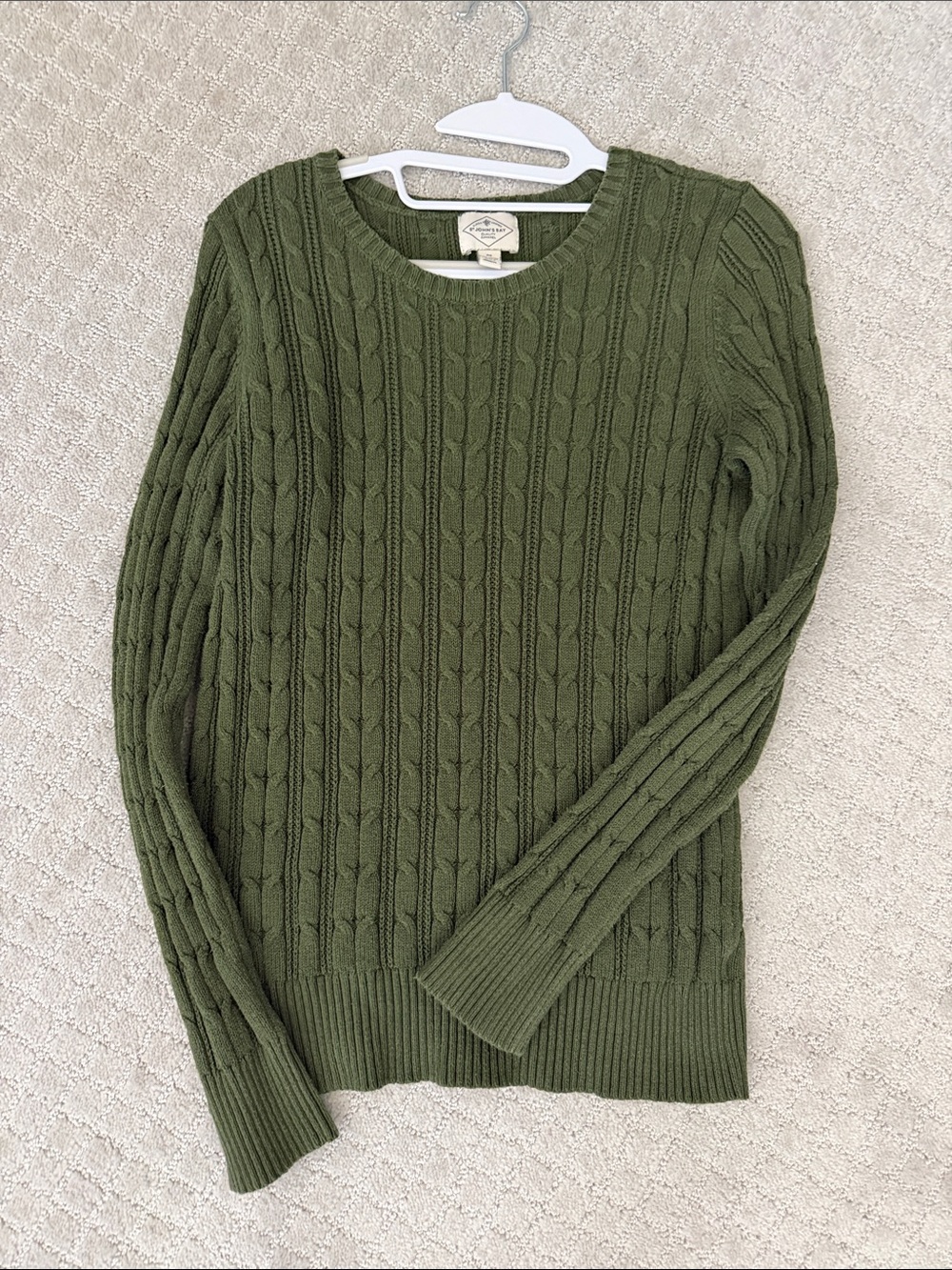 L.L. Bean Olive Green Cable Crewneck Sweater
